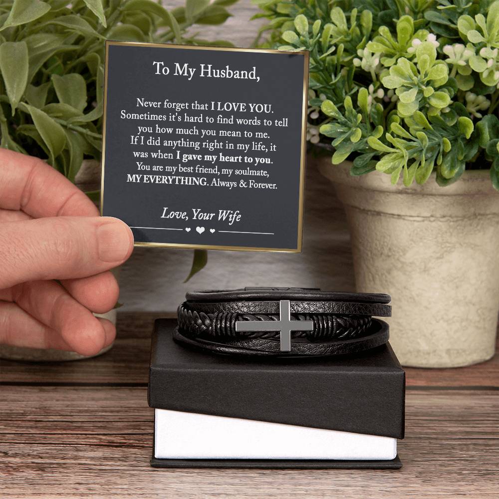 To My Husband Cross Leather Bracelet, Anniversary Gift for Husband, Husband Birthday Gift, Gift for Husband