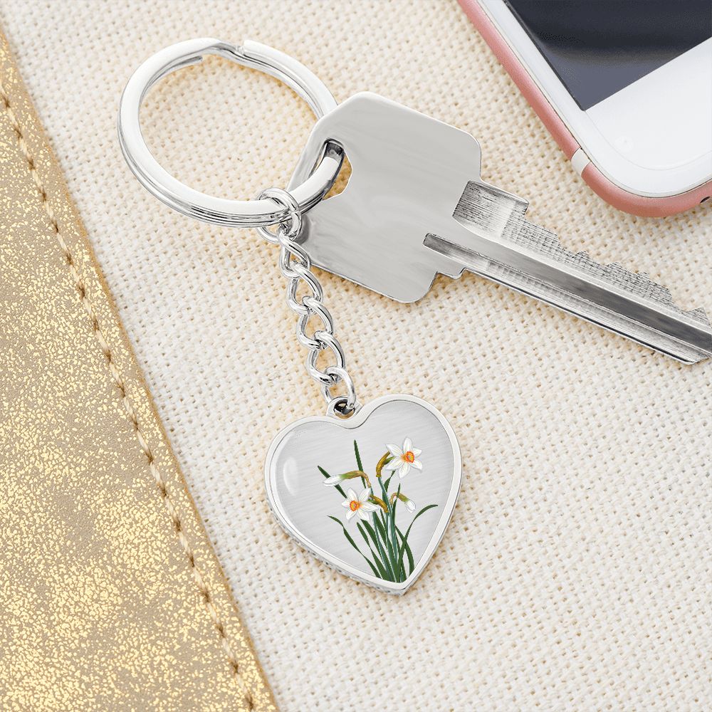 December Birth Flower, Narcissus Keychain, Birth Flower Keychain, December Birthday Gift For Her, Best Friend, Birth Month Flower Keychain - Silver