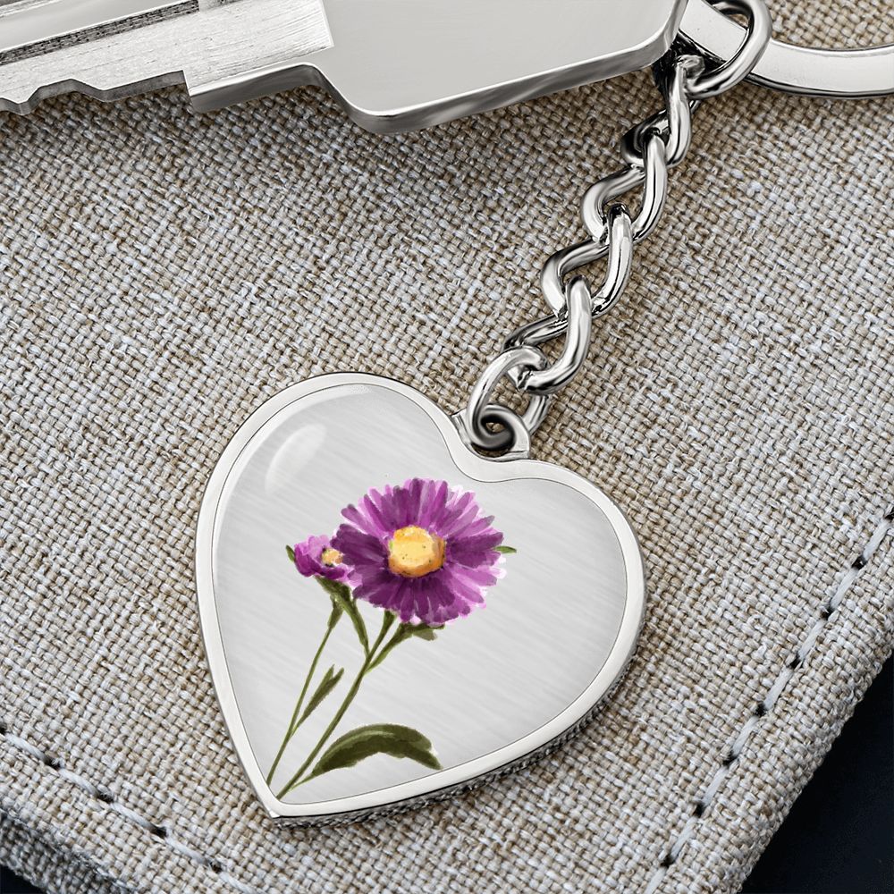 September Birth Flower, Aster Keychain, Birth Flower Keychain, Birthday Gift For Her, Gift for Daughter, Sister, New Mom Gift - Silver