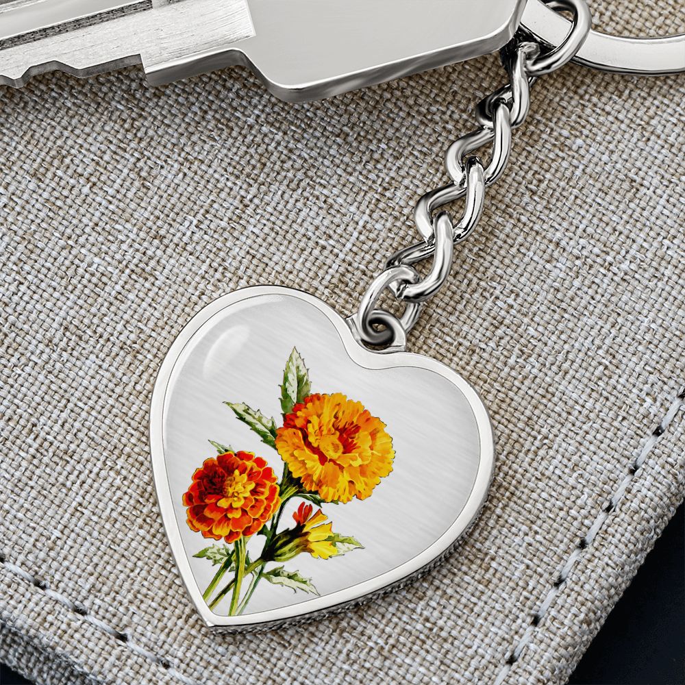 October Birth Flower, Marigold Keychain, Birth Flower Keychain, , Birthday Gift For Her, Gift for Daughter, Sister, New Mom Gift - Silver