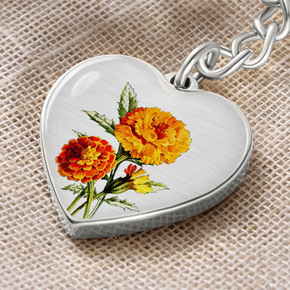 October Birth Flower, Marigold Keychain, Birth Flower Keychain, , Birthday Gift For Her, Gift for Daughter, Sister, New Mom Gift - Silver