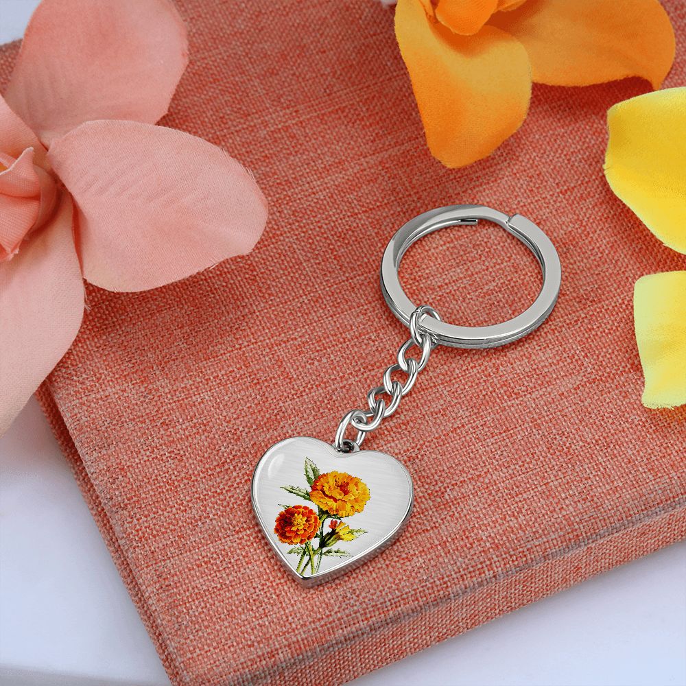 October Birth Flower, Marigold Keychain, Birth Flower Keychain, , Birthday Gift For Her, Gift for Daughter, Sister, New Mom Gift - Silver