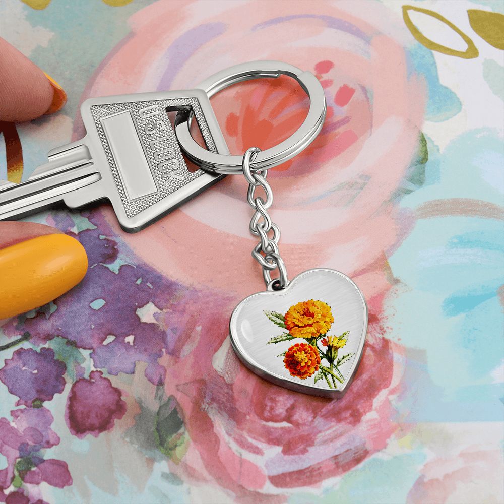 October Birth Flower, Marigold Keychain, Birth Flower Keychain, , Birthday Gift For Her, Gift for Daughter, Sister, New Mom Gift - Silver