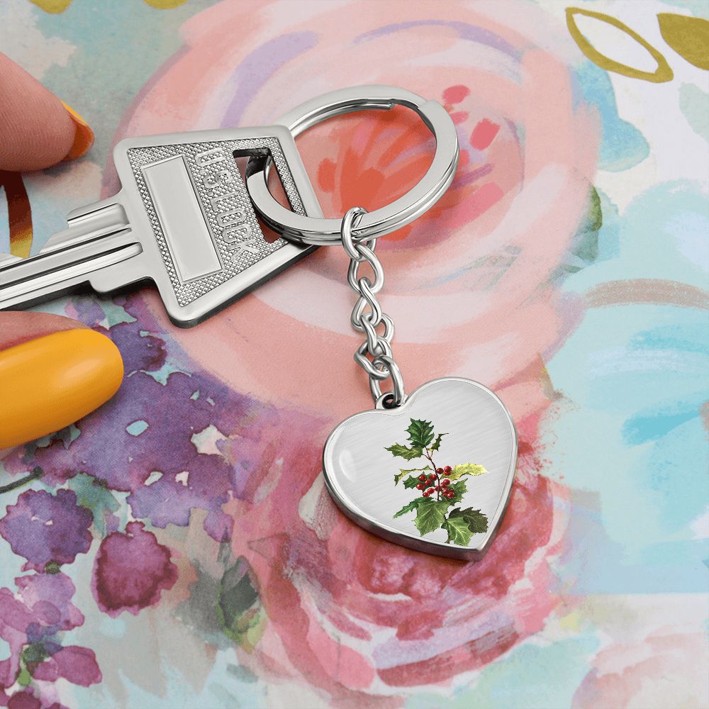 December Birth Flower, Holly Berry Flower Keychain, Birth Flower Keychain, December Birthday Gift For Her, Best Friend, Birth Month Flower - Silver