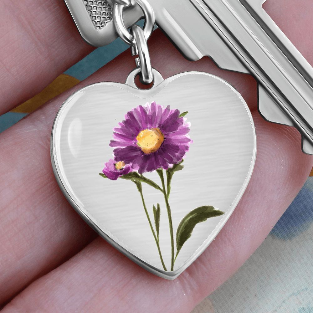 September Birth Flower, Aster Keychain, Birth Flower Keychain, Birthday Gift For Her, Gift for Daughter, Sister, New Mom Gift - Silver