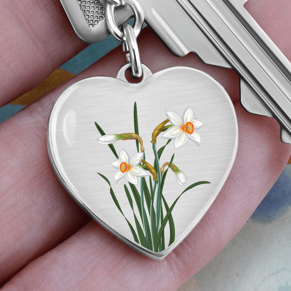 December Birth Flower, Narcissus Keychain, Birth Flower Keychain, December Birthday Gift For Her, Best Friend, Birth Month Flower Keychain - Silver