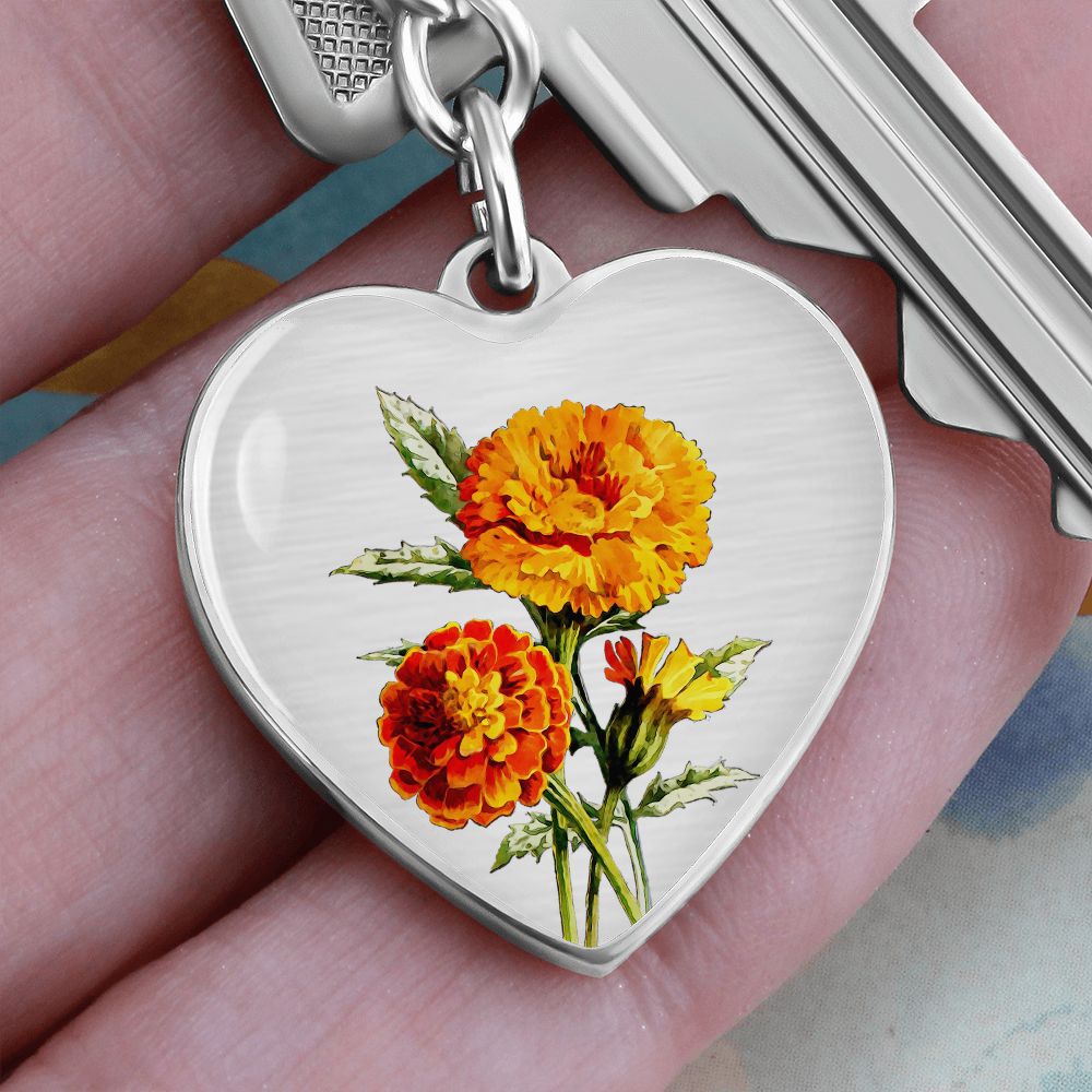 October Birth Flower, Marigold Keychain, Birth Flower Keychain, , Birthday Gift For Her, Gift for Daughter, Sister, New Mom Gift - Silver