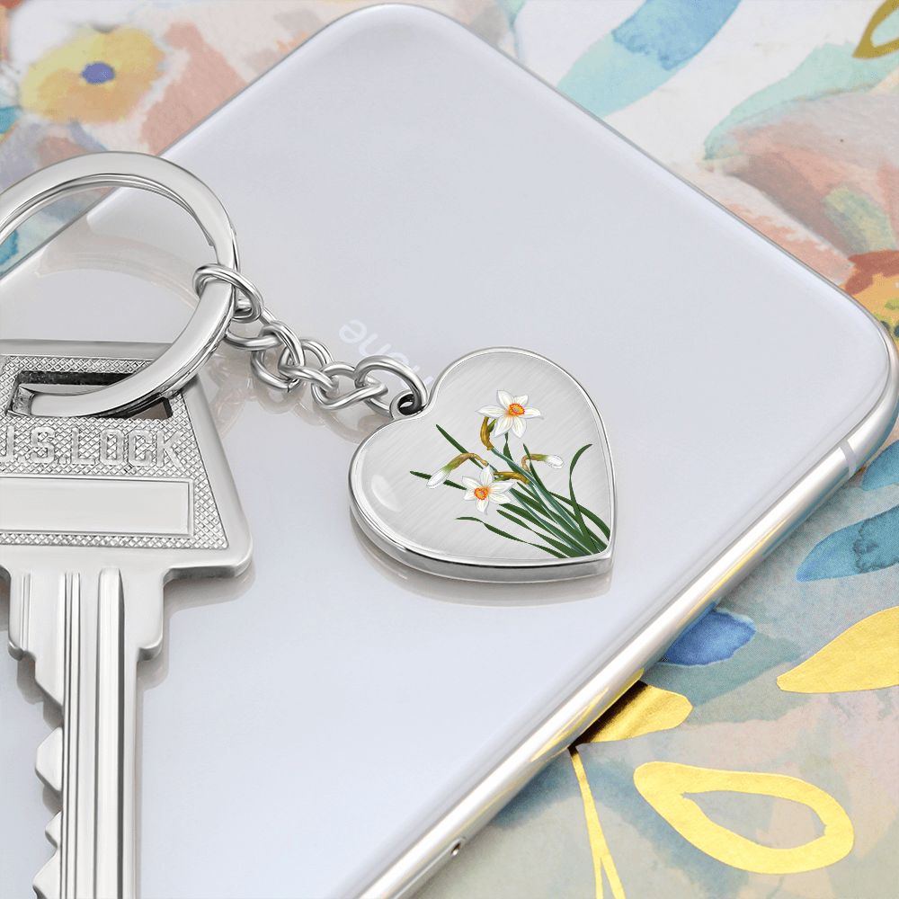 December Birth Flower, Narcissus Keychain, Birth Flower Keychain, December Birthday Gift For Her, Best Friend, Birth Month Flower Keychain - Silver