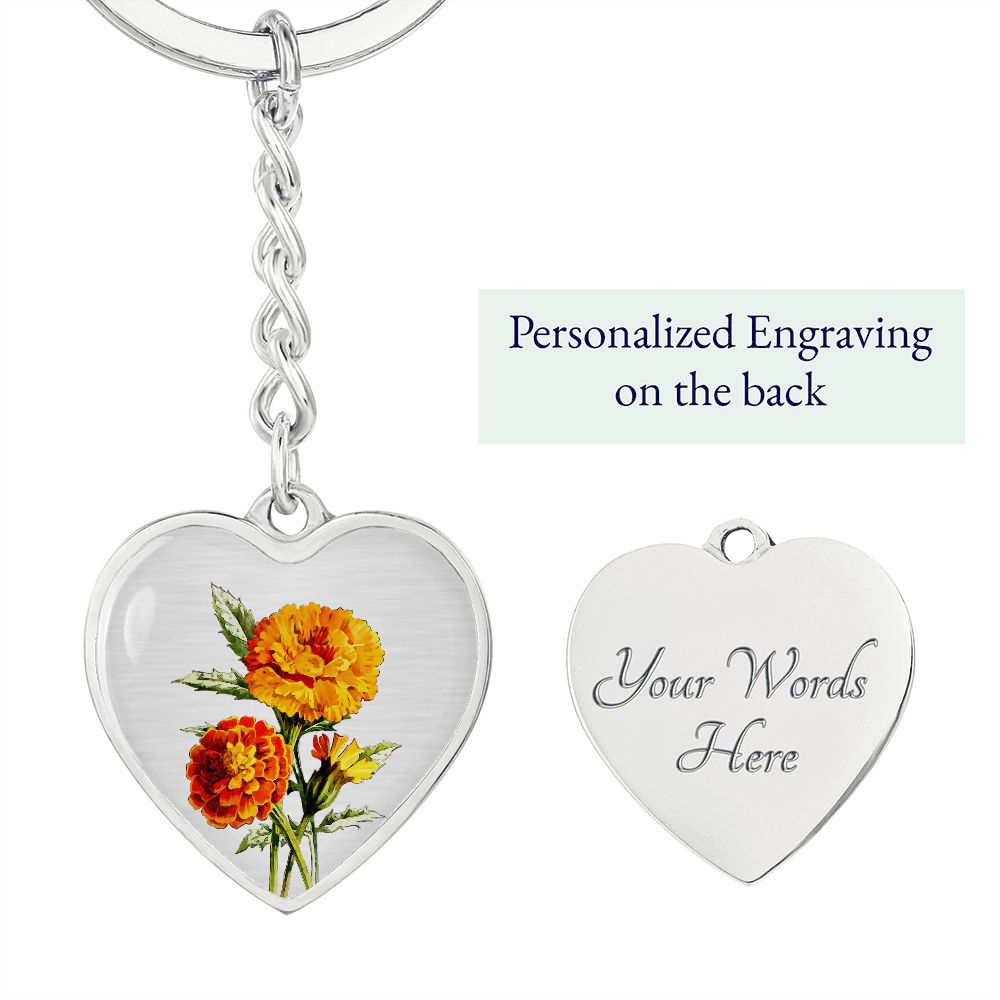 October Birth Flower, Marigold Keychain, Birth Flower Keychain, , Birthday Gift For Her, Gift for Daughter, Sister, New Mom Gift - Silver