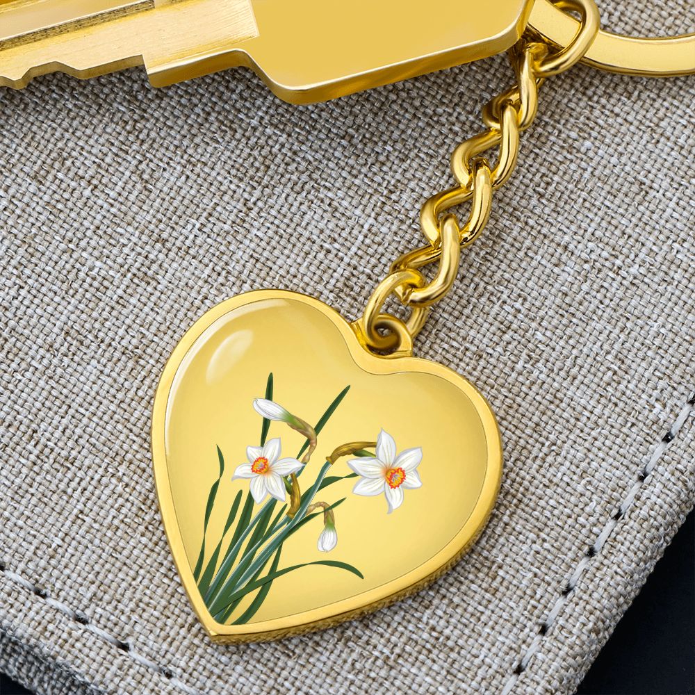 December Birth Flower, Narcissus Keychain, Birth Flower Keychain, December Birthday Gift For Her, Best Friend, Birth Month Flower Keychain - Gold