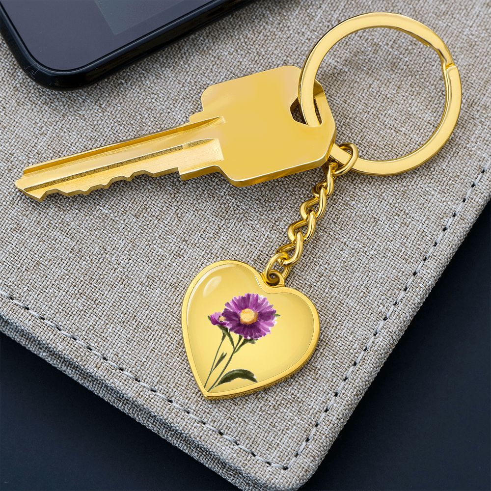 September Birth Flower, Aster Keychain, Birth Flower Keychain, Birthday Gift For Her, Gift for Daughter, Sister, New Mom Gift - Gold