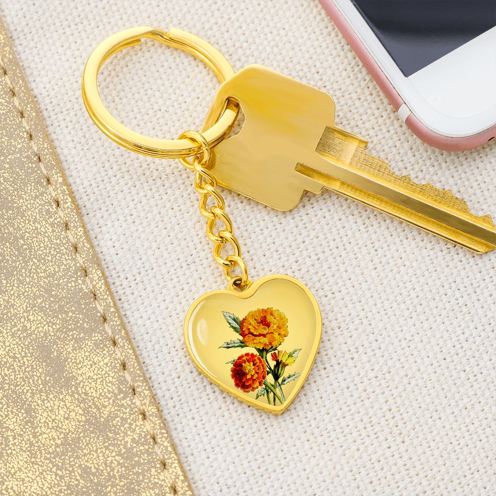 October Birth Flower, Marigold Keychain, Birth Flower Keychain, , Birthday Gift For Her, Gift for Daughter, Sister, New Mom Gift - Gold