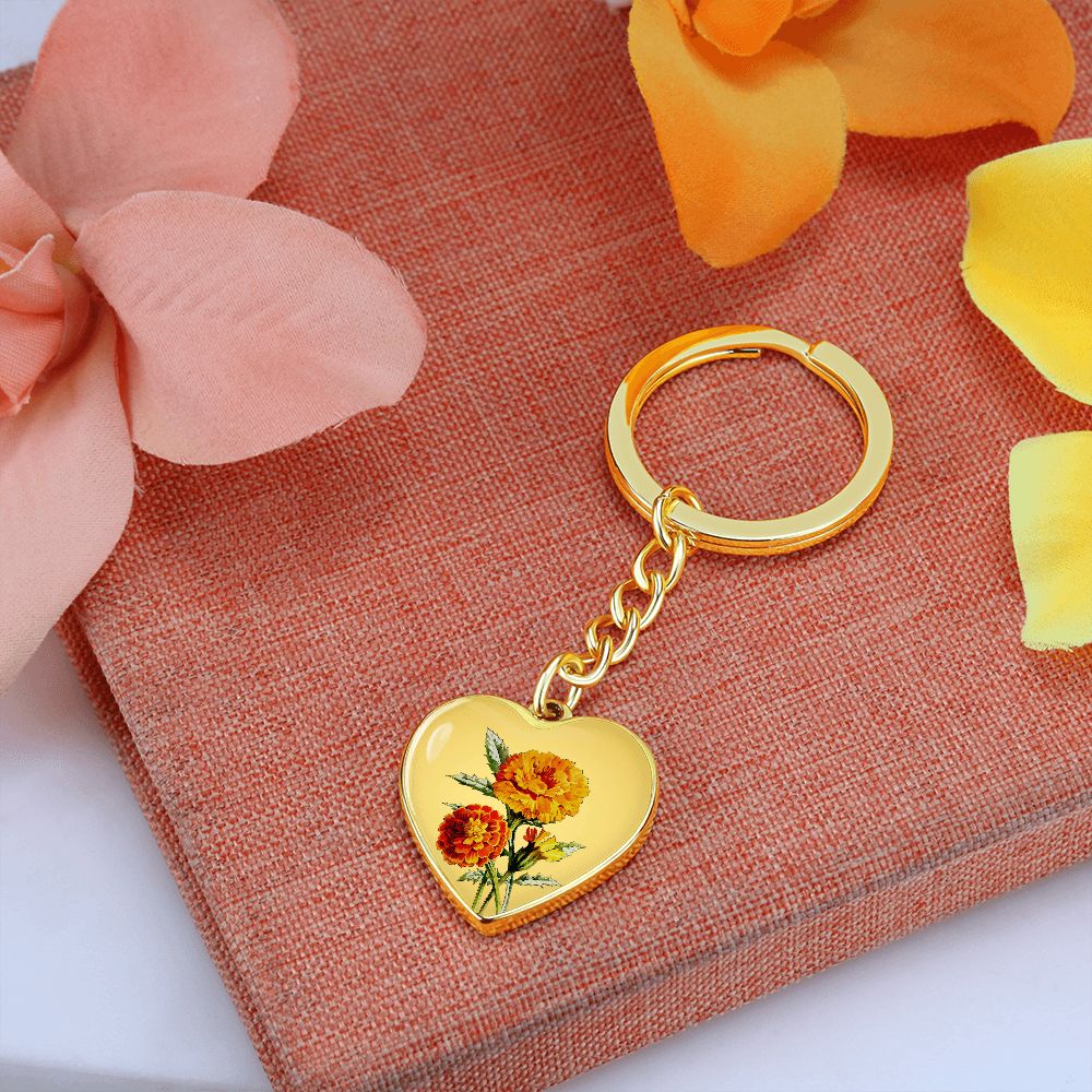 October Birth Flower, Marigold Keychain, Birth Flower Keychain, , Birthday Gift For Her, Gift for Daughter, Sister, New Mom Gift - Gold