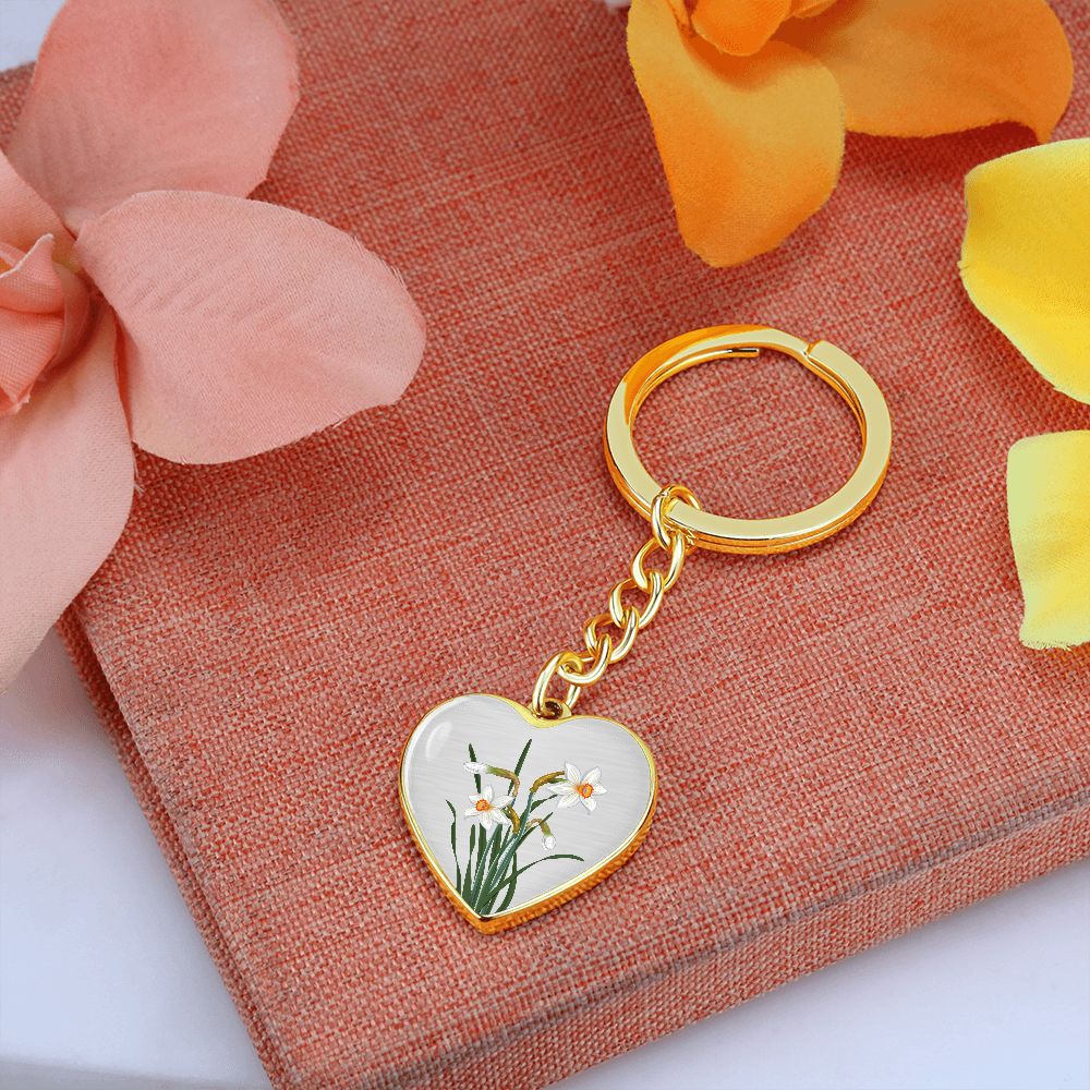 December Birth Flower, Narcissus Keychain, Birth Flower Keychain, December Birthday Gift For Her, Best Friend, Birth Month Flower Keychain - Silver