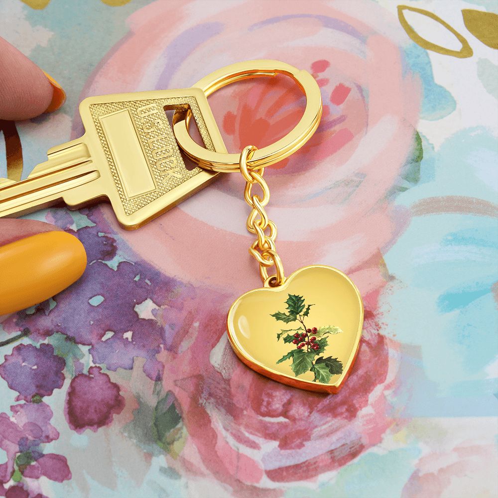 December Birth Flower, Holly Berry Flower Keychain, Birth Flower Keychain, December Birthday Gift For Her, Best Friend, Birth Month Flower - Gold