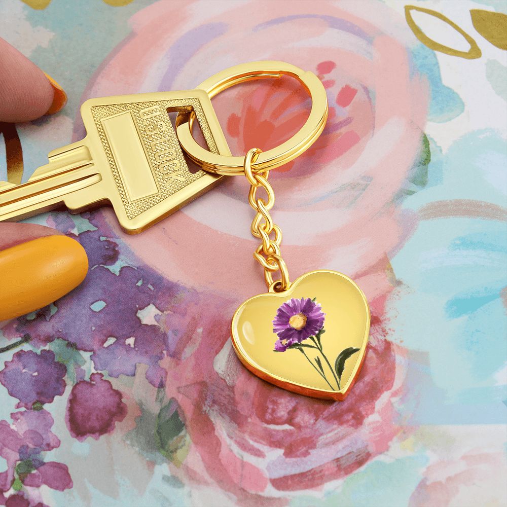 September Birth Flower, Aster Keychain, Birth Flower Keychain, Birthday Gift For Her, Gift for Daughter, Sister, New Mom Gift - Gold