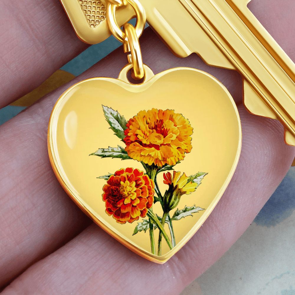 October Birth Flower, Marigold Keychain, Birth Flower Keychain, , Birthday Gift For Her, Gift for Daughter, Sister, New Mom Gift - Gold