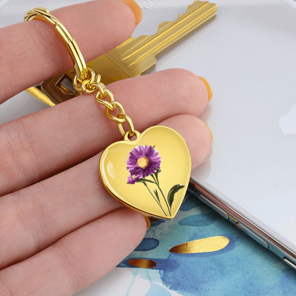 September Birth Flower, Aster Keychain, Birth Flower Keychain, Birthday Gift For Her, Gift for Daughter, Sister, New Mom Gift - Gold