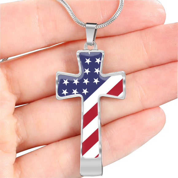 HeartQ American Flag Patriotic Cross Jewelry Pendant Necklace - Snake Chain