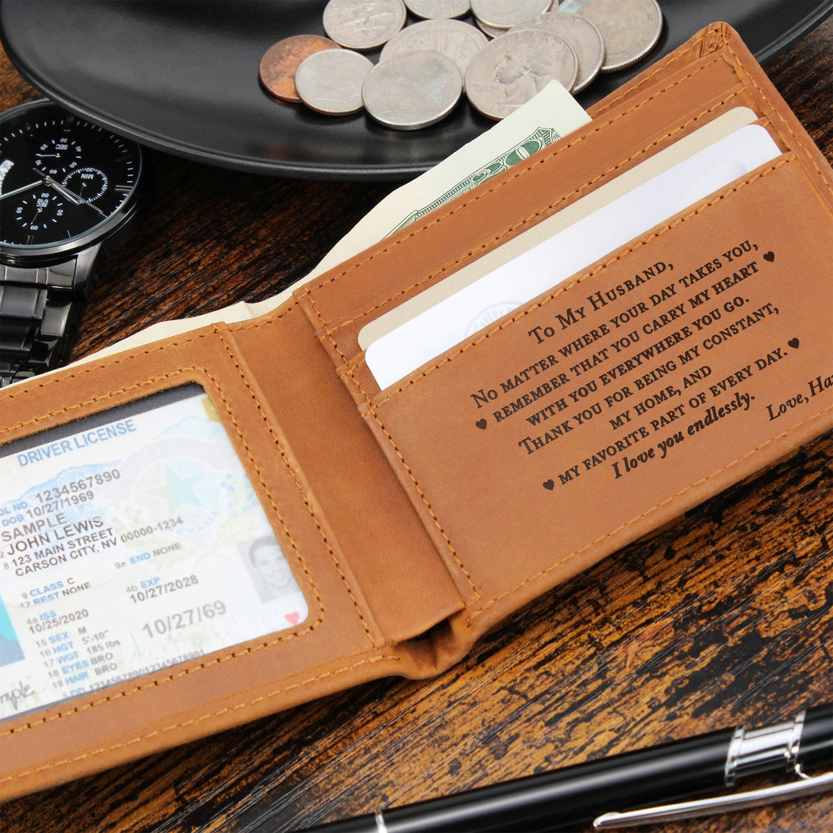 Personalized Leather Wallet for Husband, Engraved Hidden Message Wallet, Gift from Wife, Anniversary Gift, Birthday Gift, Christmas Gift for Him