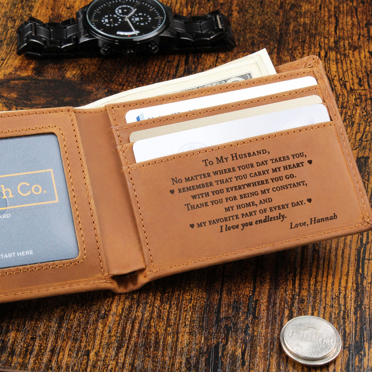 Personalized Leather Wallet for Husband, Engraved Hidden Message Wallet, Gift from Wife, Anniversary Gift, Birthday Gift, Christmas Gift for Him