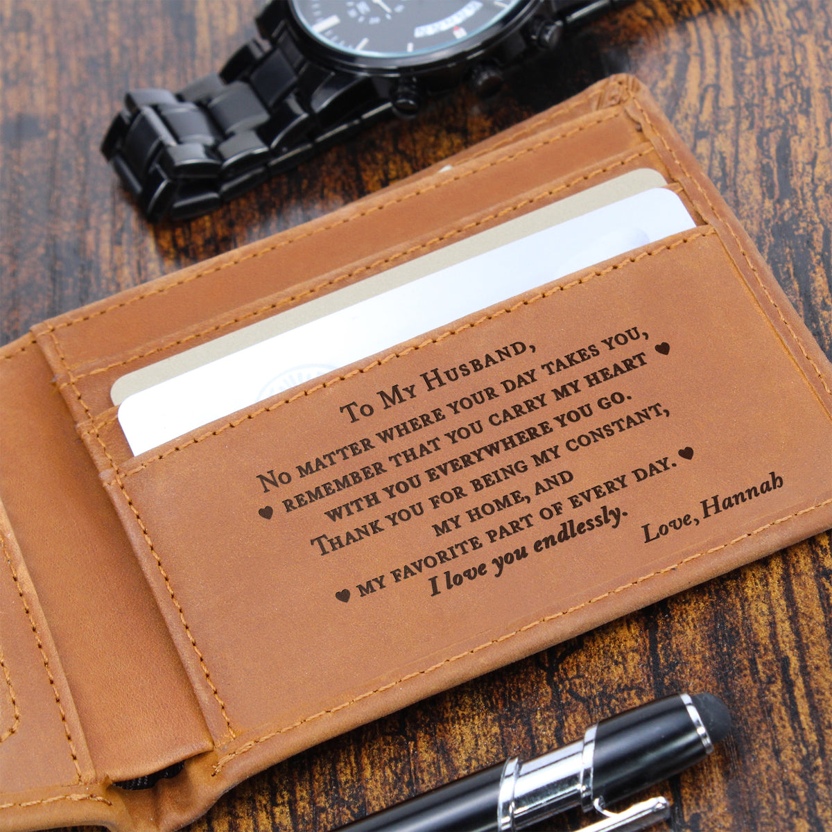Personalized Leather Wallet for Husband, Engraved Hidden Message Wallet, Gift from Wife, Anniversary Gift, Birthday Gift, Christmas Gift for Him
