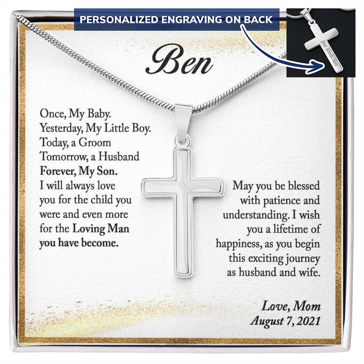 To My Son Gift on His Wedding Day, Wedding Gift for My Son, Mother to Son Wedding Gift, Gift for Son on Wedding Day, Personalized Cross - Snake Chain