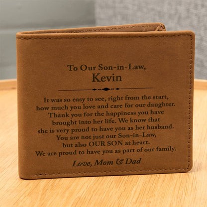 Personalized To My Son In Law Leather Wallet, Son In Law Gift From Mom and Dad, Son In Law Wedding Gift, Parents In Law to New Son