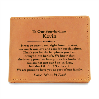 Personalized To My Son In Law Leather Wallet, Son In Law Gift From Mom and Dad, Son In Law Wedding Gift, Parents In Law to New Son