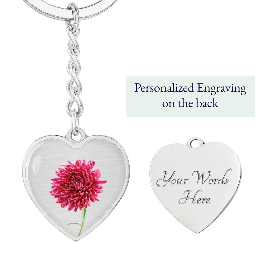 November Birth Flower, Chrysanthemum Keychain, Birth Flower Keychain - Silver