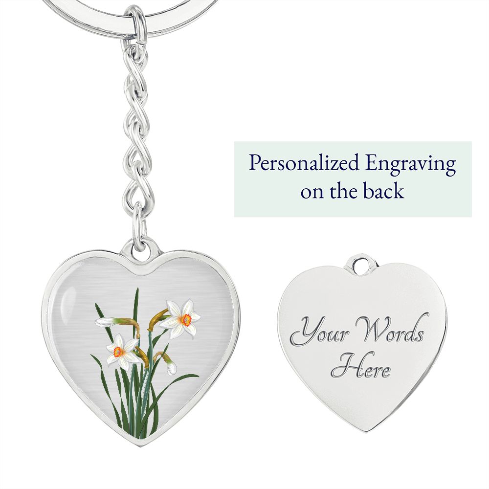 December Birth Flower, Narcissus Keychain, Birth Flower Keychain - Silver