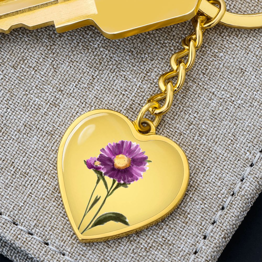 September Birth Flower, Aster Keychain, Birth Flower Keychain - Gold