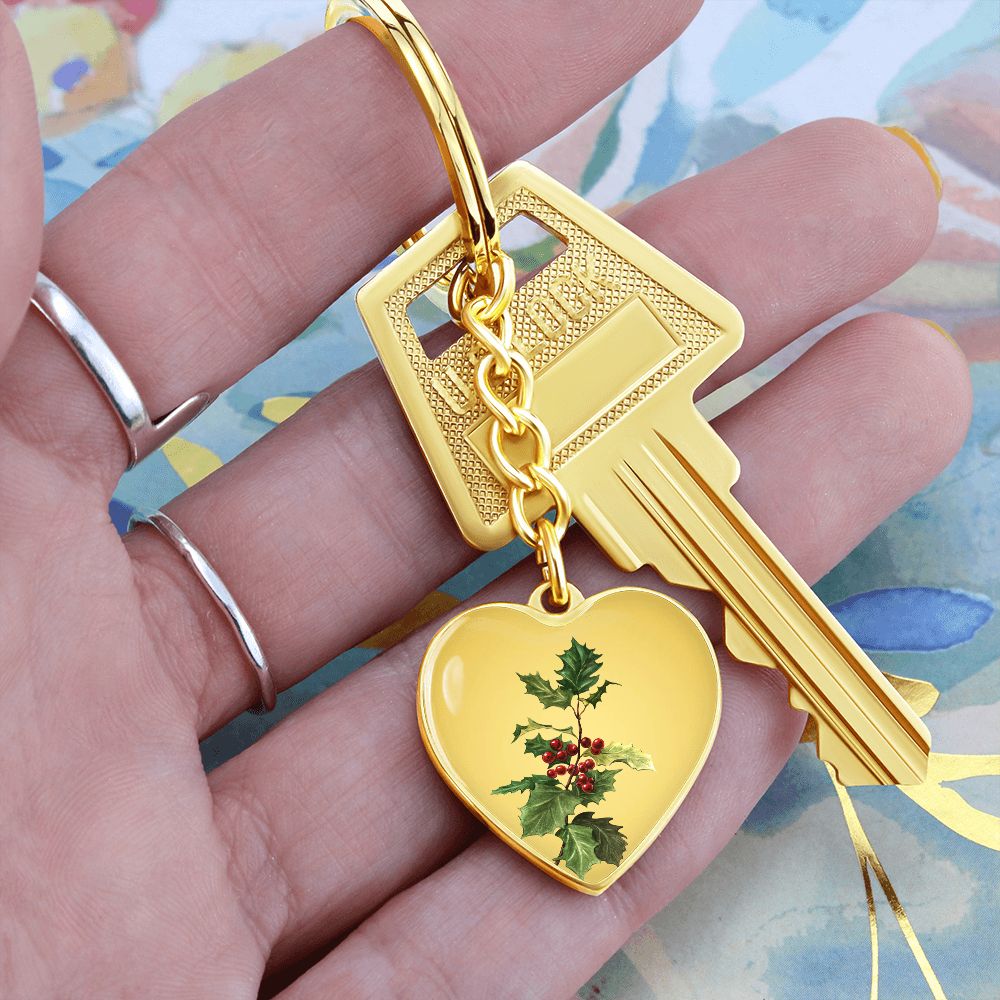 December Birth Flower, Holly Berry Flower Keychain, Birth Flower Keychain, December Birthday Gift For Her, Best Friend, Birth Month Flower - Gold