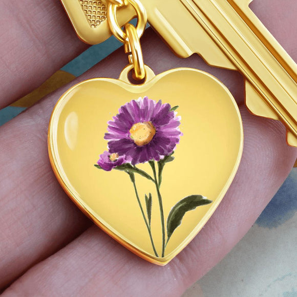 September Birth Flower, Aster Keychain, Birth Flower Keychain, Birthday Gift For Her, Gift for Daughter, Sister, New Mom Gift - Gold