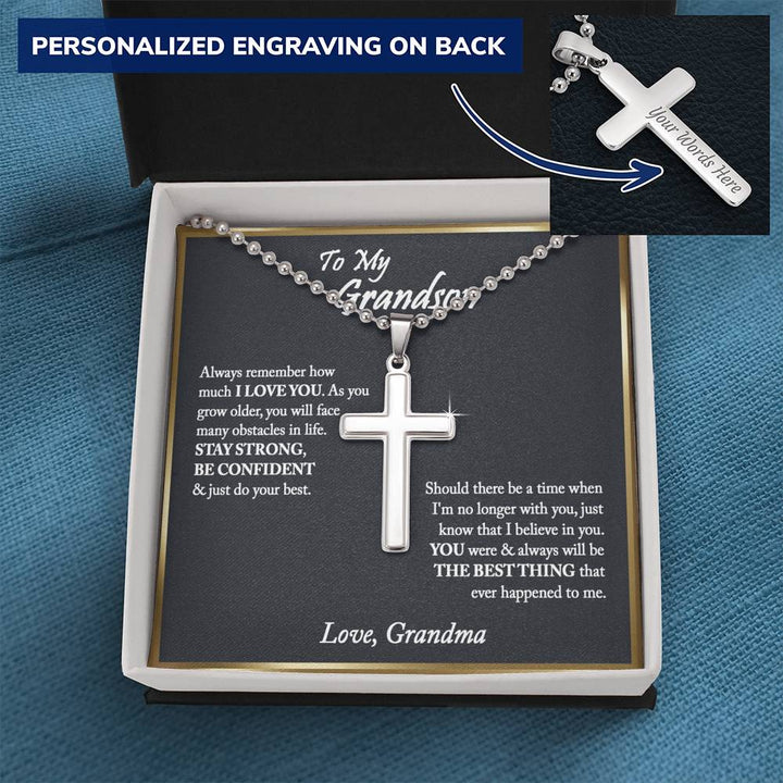 To My Grandson Cross Necklace, Gifts For Grandson From Grandma, Birthday Gift, Christmas Gift, Graduation Gift For Grandson, From Grandpa - Ball Chain