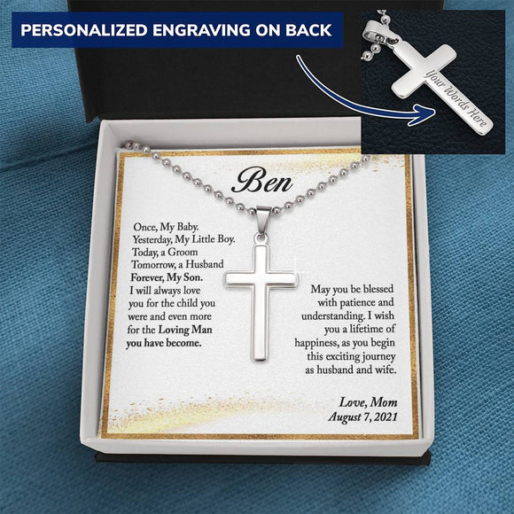 To My Son Gift on His Wedding Day, Wedding Gift for My Son, Mother to Son Wedding Gift, Gift for Son on Wedding Day, Personalized Cross - Ball Chain
