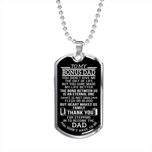 Bonus Dad Gift, Fathers Day Gift for Step Dad, Gift For Stepdad, Dog Tag Necklace (Black BG)