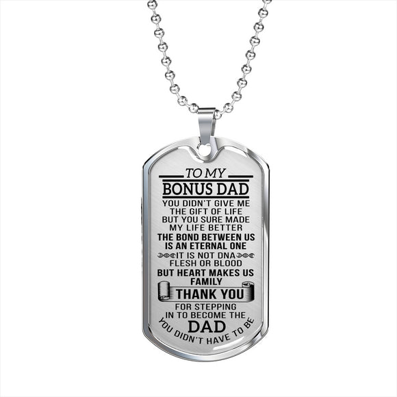 Bonus Dad Gift, Fathers Day Gift for Step Dad, Dog Tag Necklace For Stepdad (Silver BG)