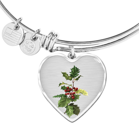 December Birth Flower, Holly Berry Birth Flower Bangle, Birth Flower Bangle - Silver