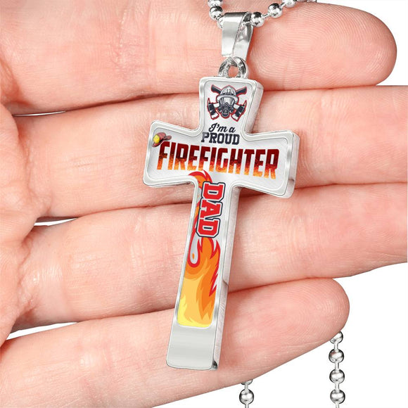 Firefighter Dad, Firefighter Gift for Dad, Proud Firefighter Dad Cross Pendant